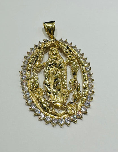 10K GOLD VIRGIN MARY  PENDANT WITH WHITE SAPPHIRE- WEIGHT: 29.3gm
