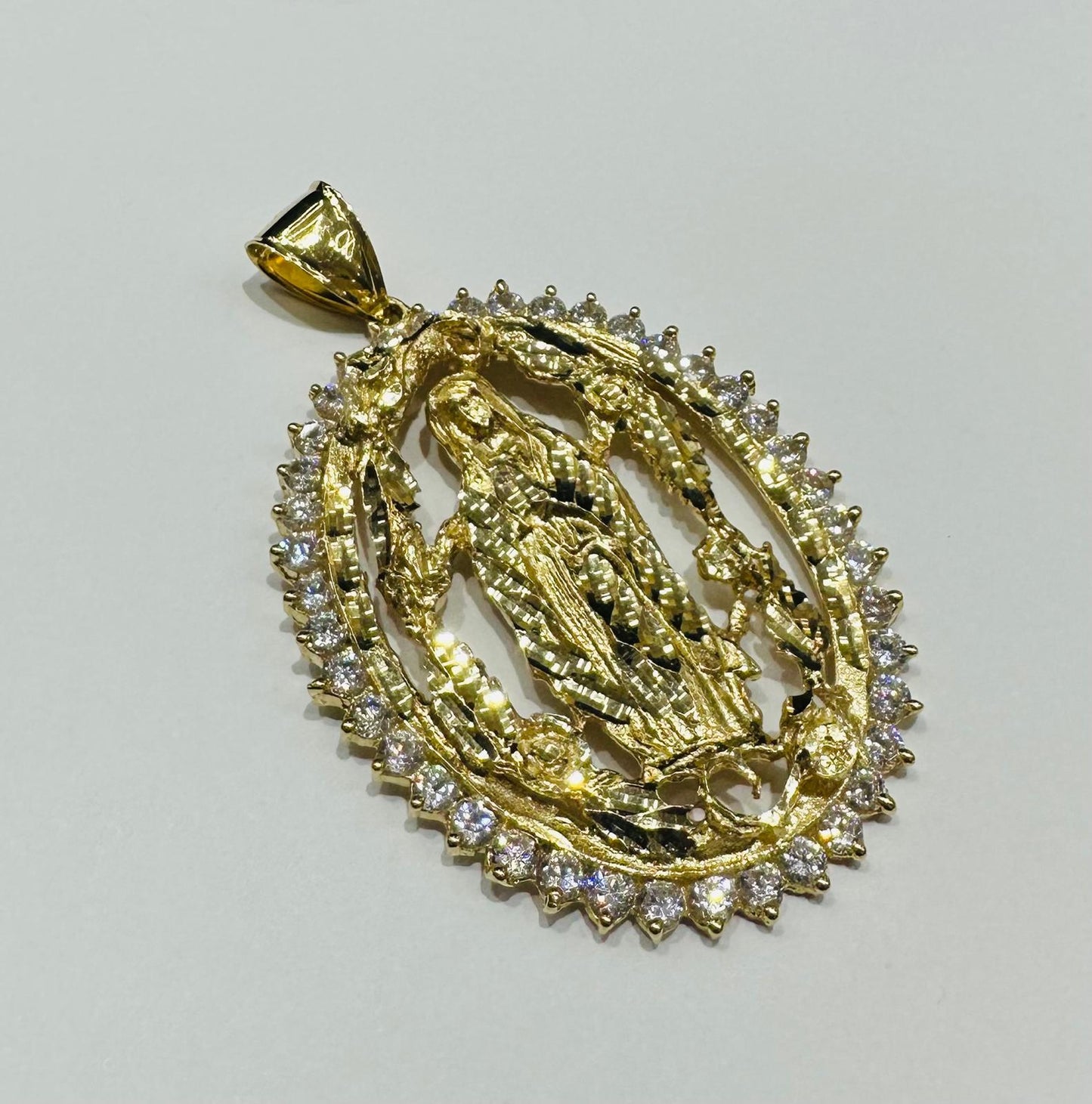 10K GOLD VIRGIN MARY  PENDANT WITH WHITE SAPPHIRE- WEIGHT: 29.3gm