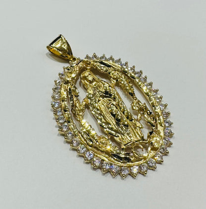 10K GOLD VIRGIN MARY  PENDANT WITH WHITE SAPPHIRE- WEIGHT: 29.3gm