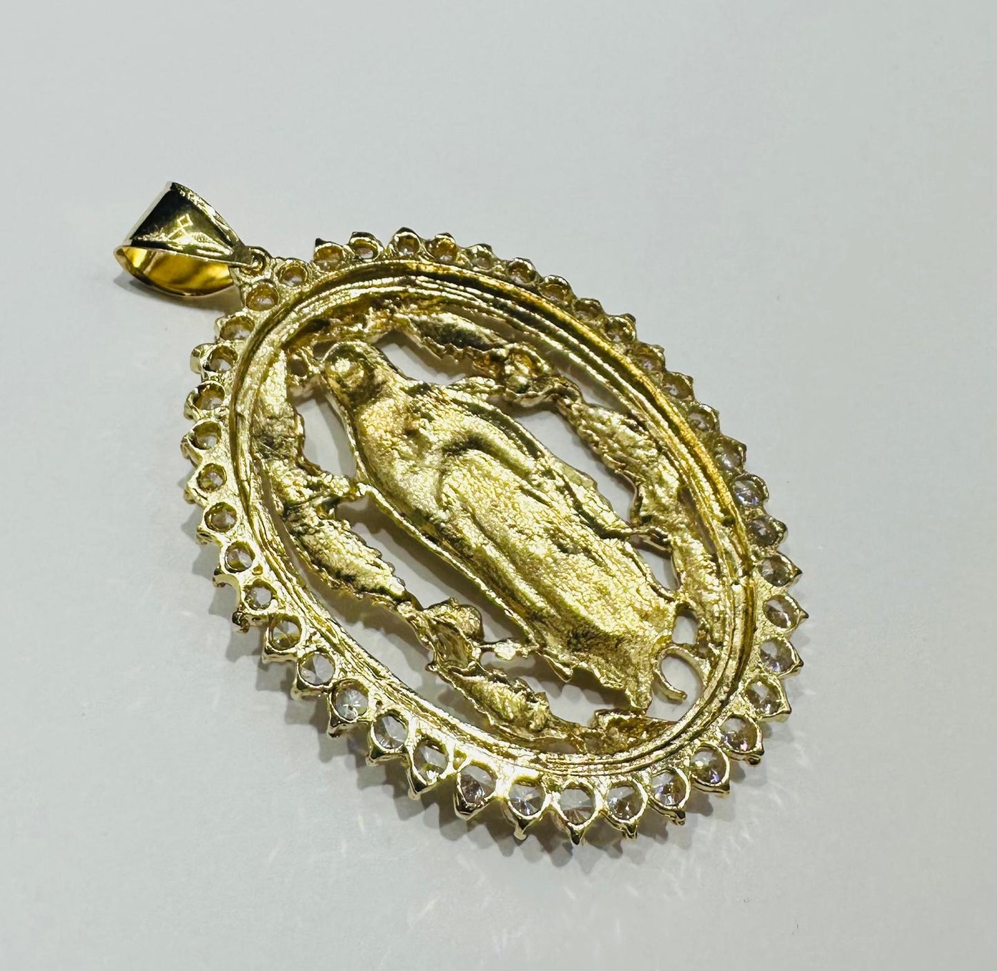 10K GOLD VIRGIN MARY  PENDANT WITH WHITE SAPPHIRE- WEIGHT: 29.3gm