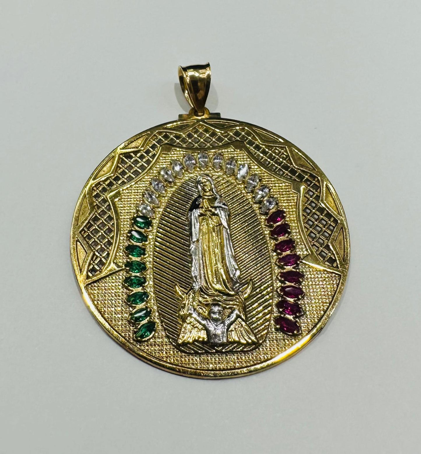 10K GOLD VIRGIN MARY  PENDANT WITH SAPPHIRE STONES- WEIGHT: 14.1gm