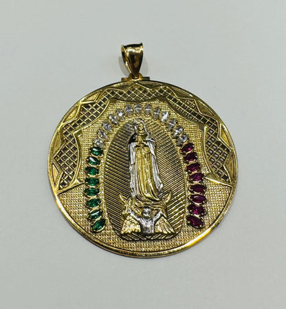 10K GOLD VIRGIN MARY  PENDANT WITH SAPPHIRE STONES- WEIGHT: 14.1gm