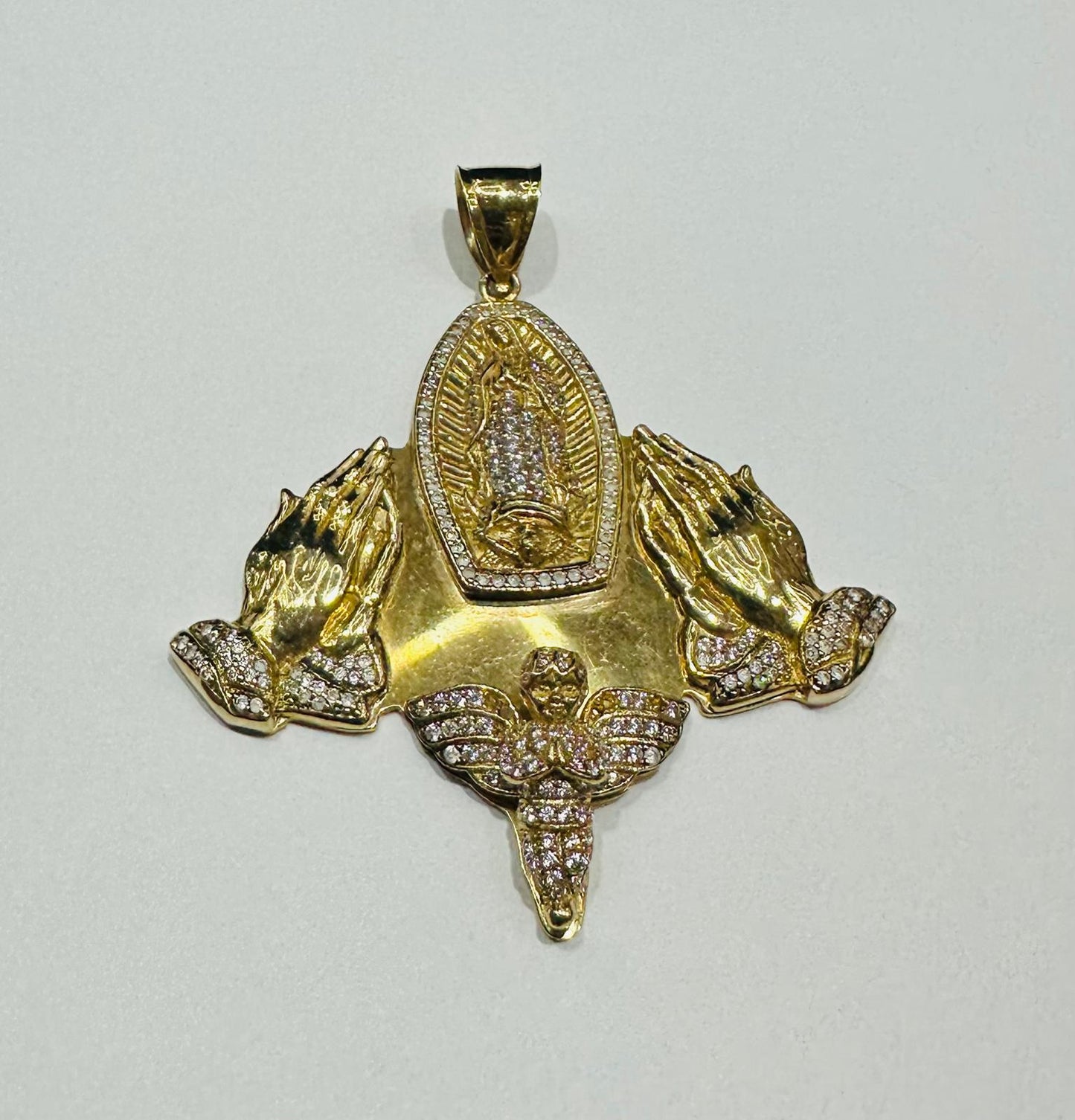 10K GOLD VIRGIN MARY AND PRAYING HANDS PENDANT WITH WHITE SAPPHIRE- WEIGHT: 29.6gm