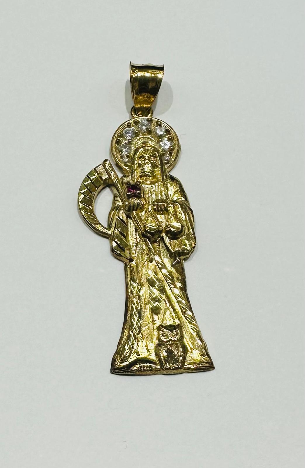 10K GOLD SANTA MUERTE PENDANT WITH SAPPHIRE STONES- WEIGHT: 3.0gm