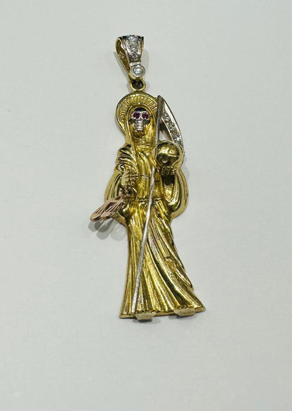 10K GOLD SANTA MUERTE PENDANT WITH SAPPHIRE STONES- WEIGHT: 13.6gm