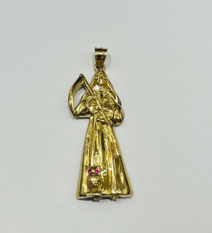 10K GOLD SANTA MUERTE PENDANT WITH SAPPHIRE STONES- WEIGHT: 11.2gm