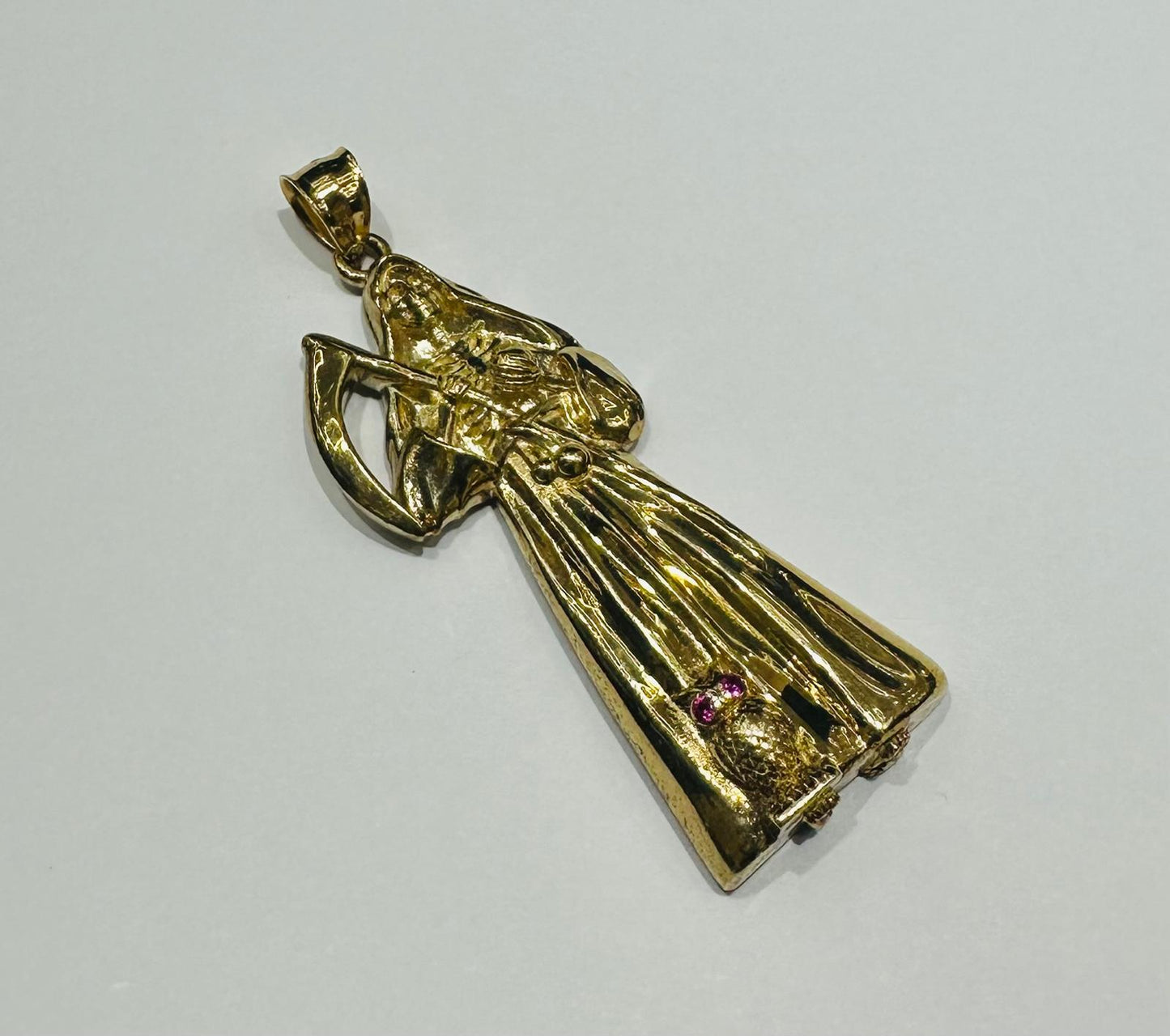 10K GOLD SANTA MUERTE PENDANT WITH SAPPHIRE STONES- WEIGHT: 11.2gm