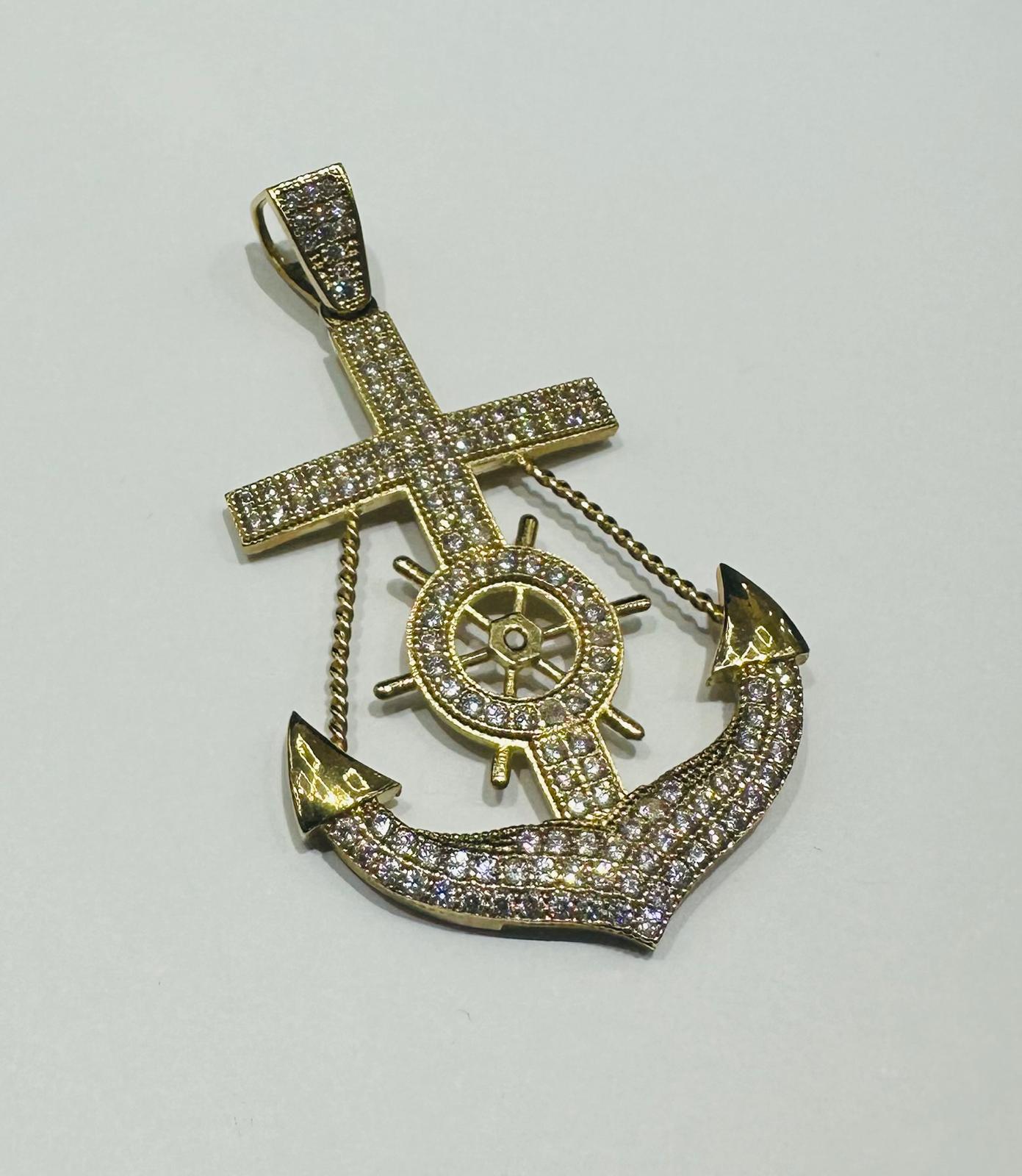 10K GOLD ANCHOR PENDANT WITH WHITE SAPPHIRE- WEIGHT: 5.7gm