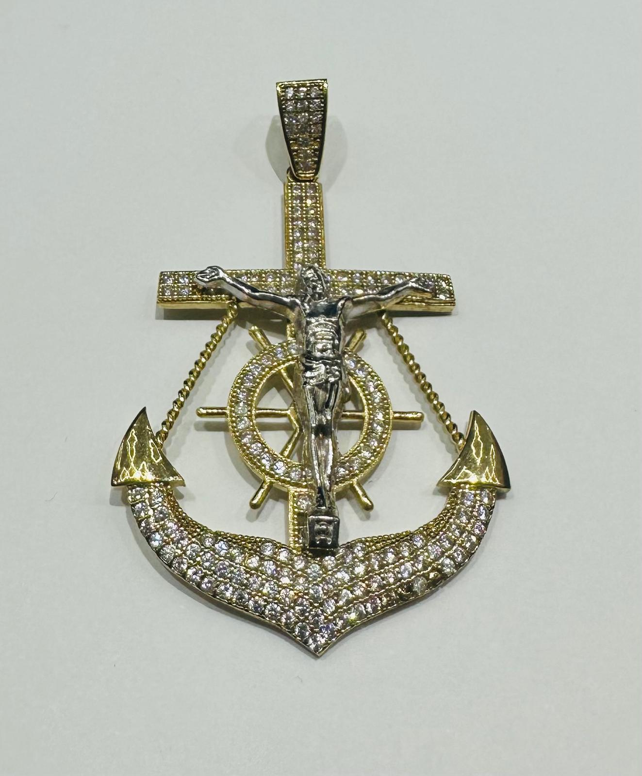 10K GOLD ANCHOR JESUS CROSS PENDANT WITH WHITE SAPPHIRE- WEIGHT: 9.2gm