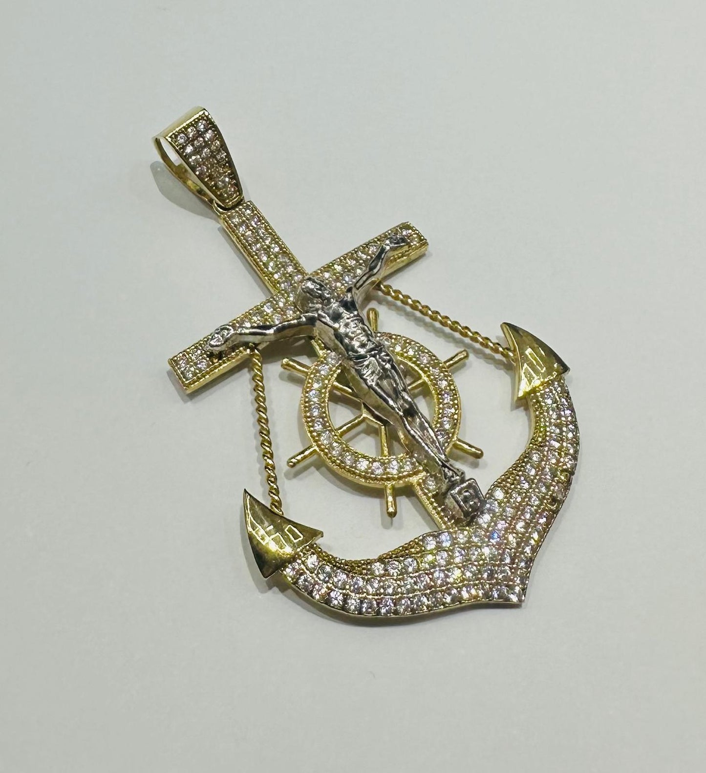 10K GOLD ANCHOR JESUS CROSS PENDANT WITH WHITE SAPPHIRE- WEIGHT: 9.2gm
