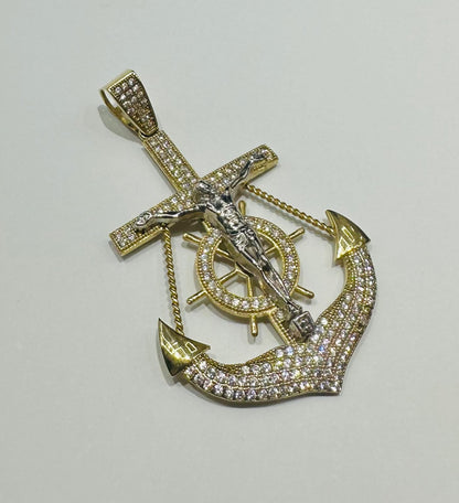 10K GOLD ANCHOR JESUS CROSS PENDANT WITH WHITE SAPPHIRE- WEIGHT: 9.2gm