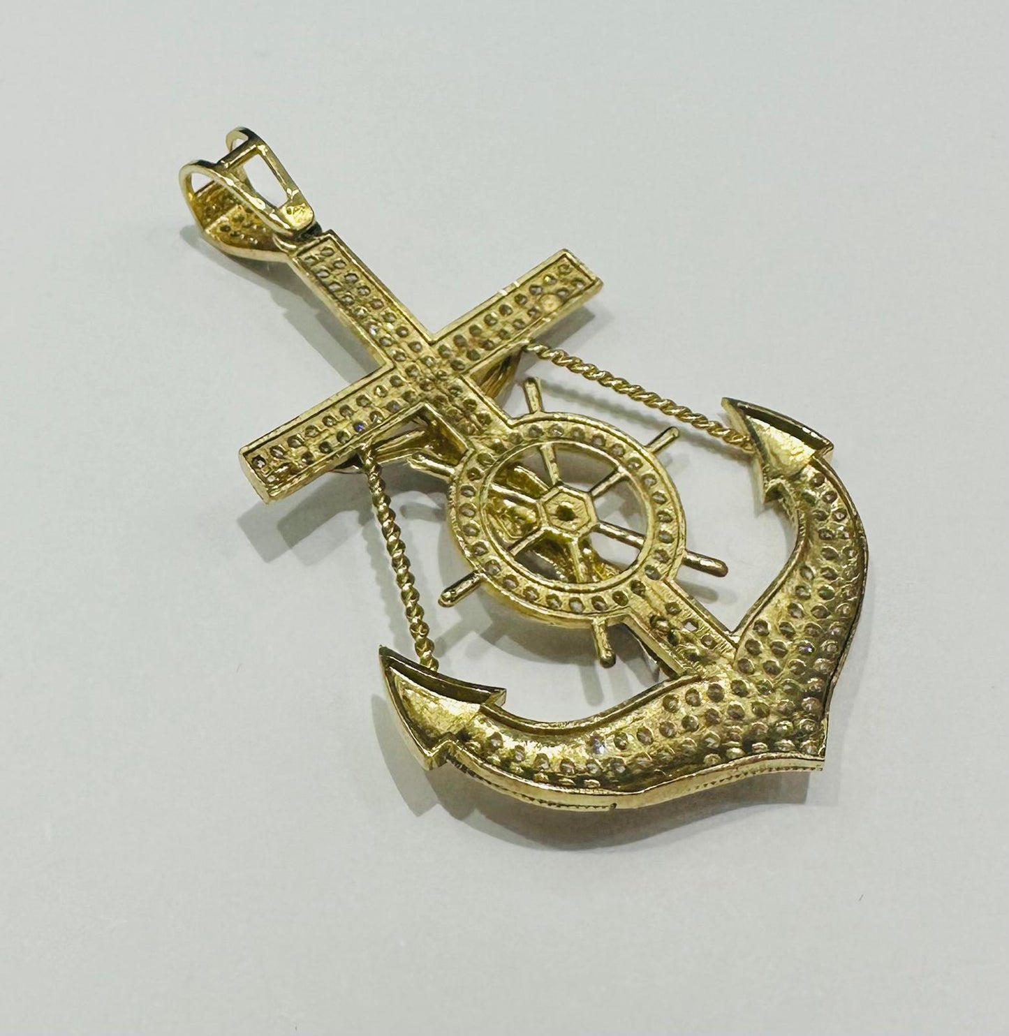 10K GOLD ANCHOR JESUS CROSS PENDANT WITH WHITE SAPPHIRE- WEIGHT: 9.2gm