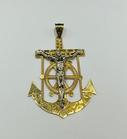 10K GOLD TWO TONED NUGGET ANCHOR JESUS CROSS PENDANT- WEIGHT: 9.1gm