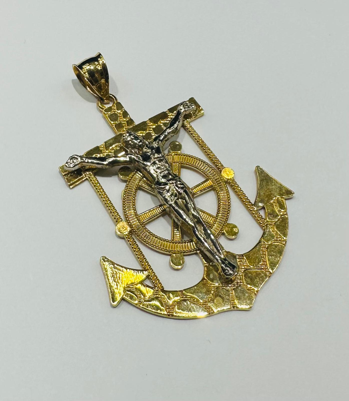 10K GOLD TWO TONED NUGGET ANCHOR JESUS CROSS PENDANT- WEIGHT: 9.1gm