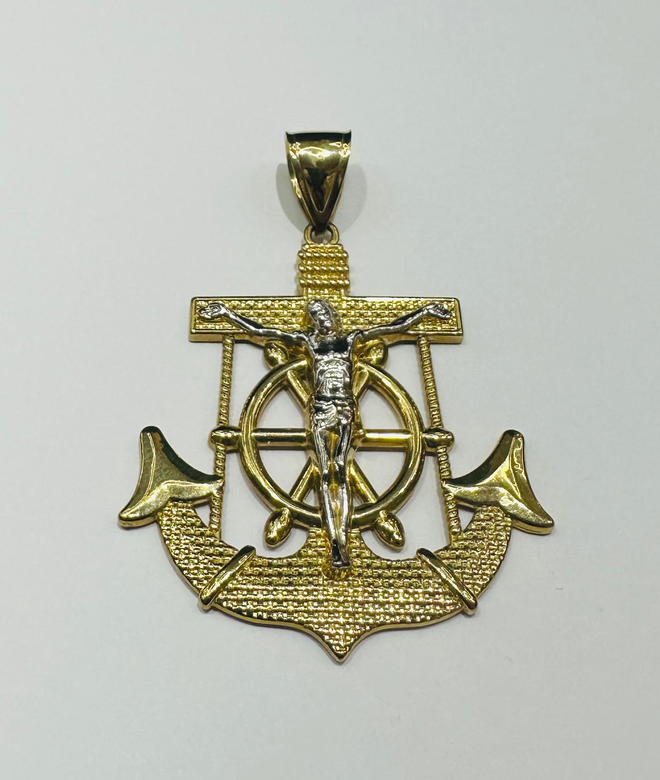 10K GOLD TWO TONED ANCHOR JESUS CROSS PENDANT- WEIGHT: 9.7gm