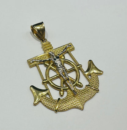 10K GOLD TWO TONED ANCHOR JESUS CROSS PENDANT- WEIGHT: 9.7gm