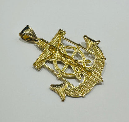 10K GOLD TWO TONED ANCHOR JESUS CROSS PENDANT- WEIGHT: 9.7gm