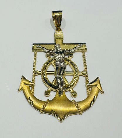 10K GOLD TWO TONED ANCHOR JESUS CROSS PENDANT- WEIGHT: 17.3gm