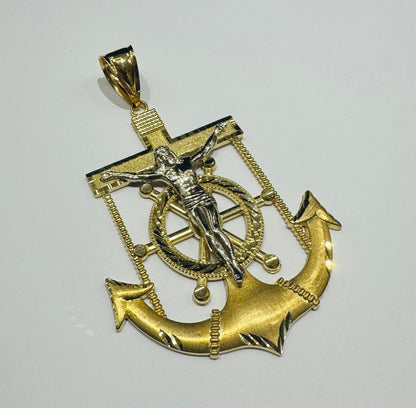 10K GOLD TWO TONED ANCHOR JESUS CROSS PENDANT- WEIGHT: 17.3gm