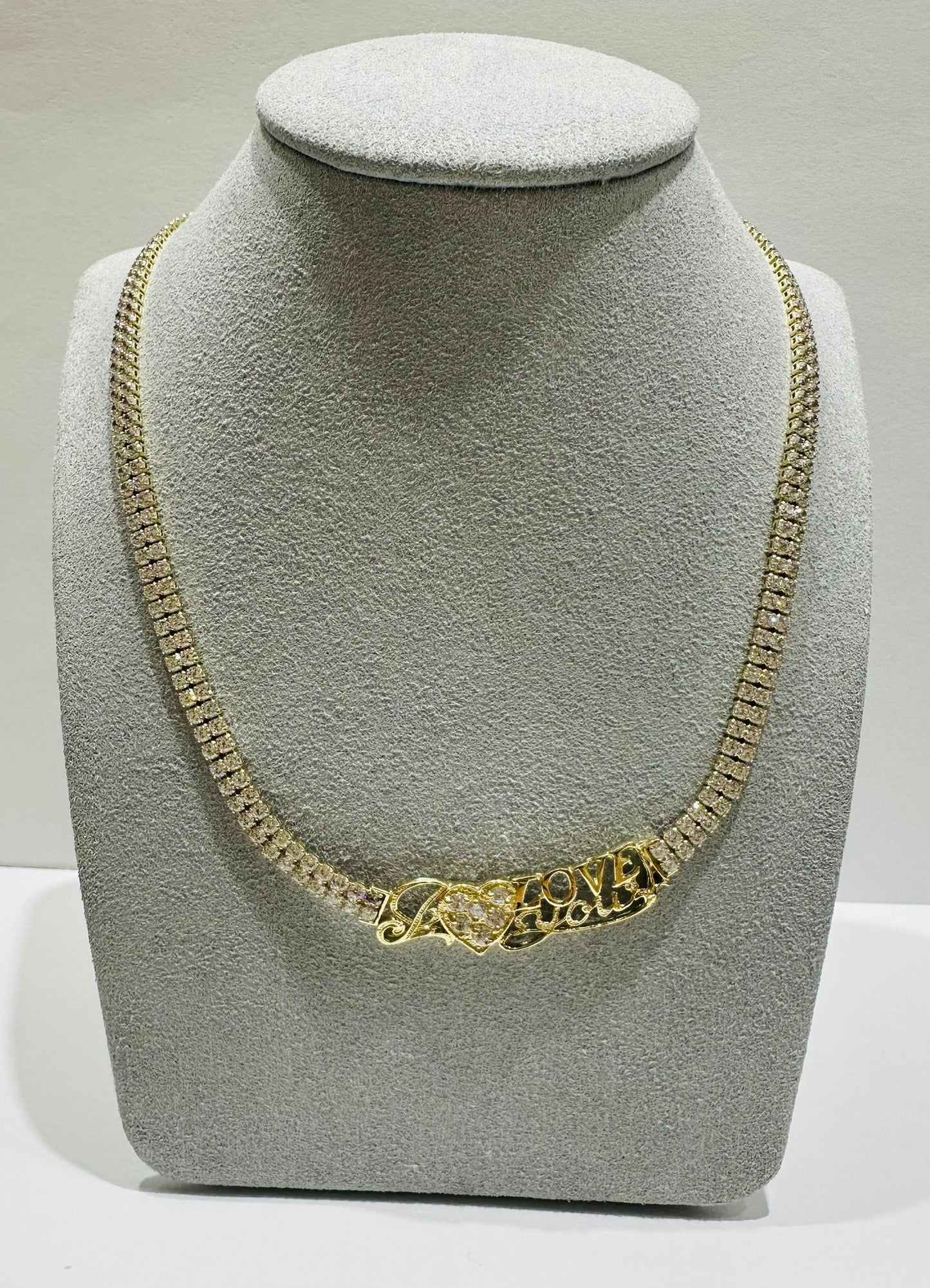 10K GOLD WHITE SAPPHIRE " I LOVE YOU " NECKALCE- WEIGHT: 13.5gm