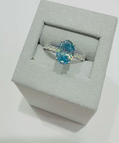 14K GOLD LAB GROWN BLUE OVAL VS1/VS2 DIAMOND RING-  2.50CT
