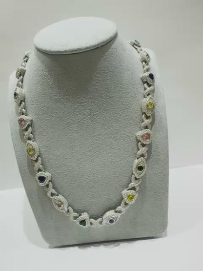 SILVER MOISSANITE HEART & EVIL EYE NECKLACE VVS 15.34CTW  7mm  20"